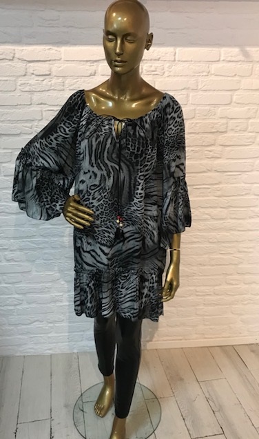 Tuniek_leopardprint_grijs_zwart_veertjes