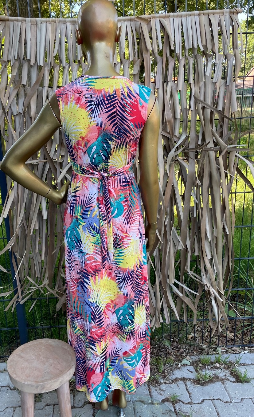 lange_zomerjurk_knoop_bladmotief_roze_geel_blauw_2